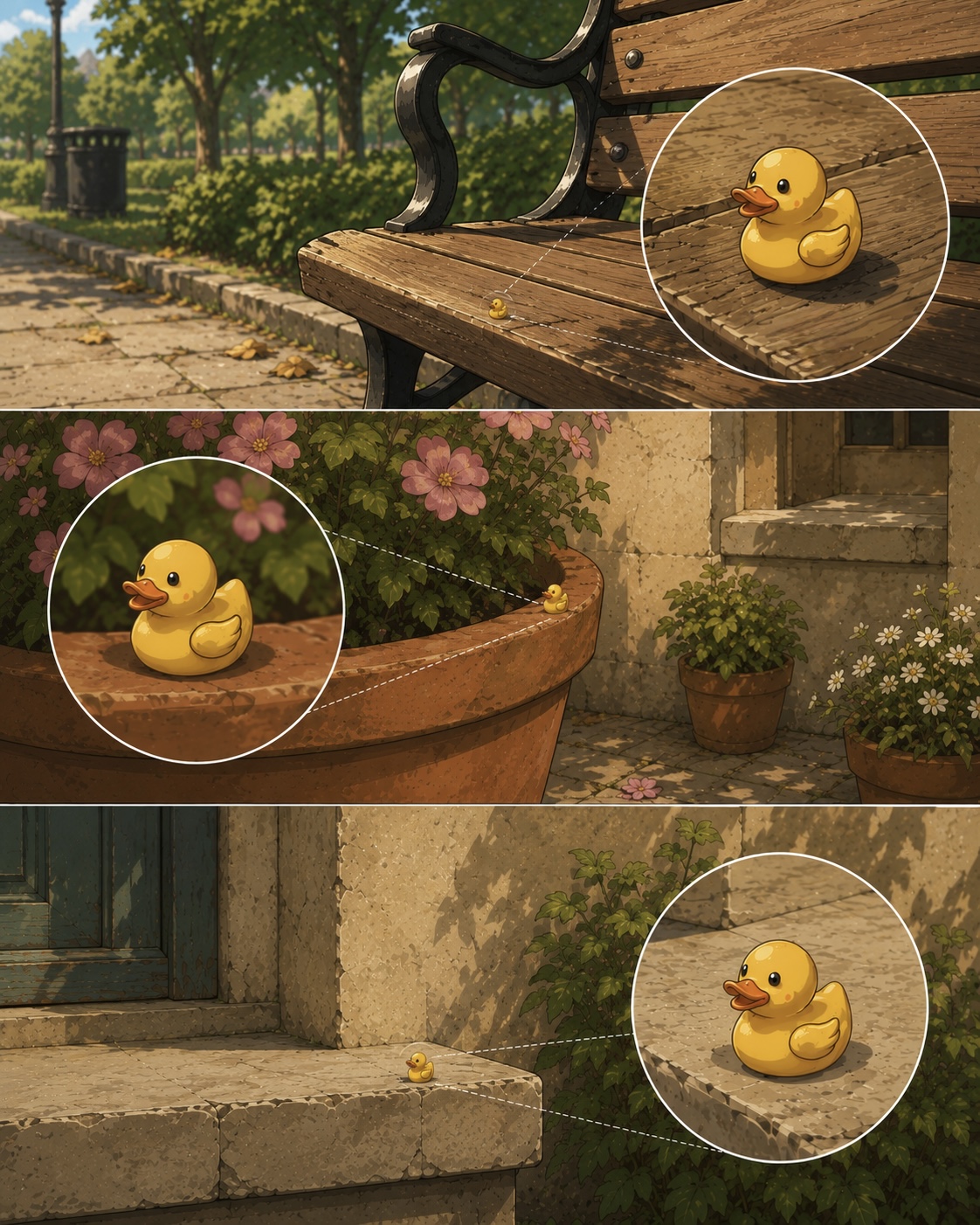 Patitos escondidos en distintos rincones de la ciudad, señalados con acercamientos